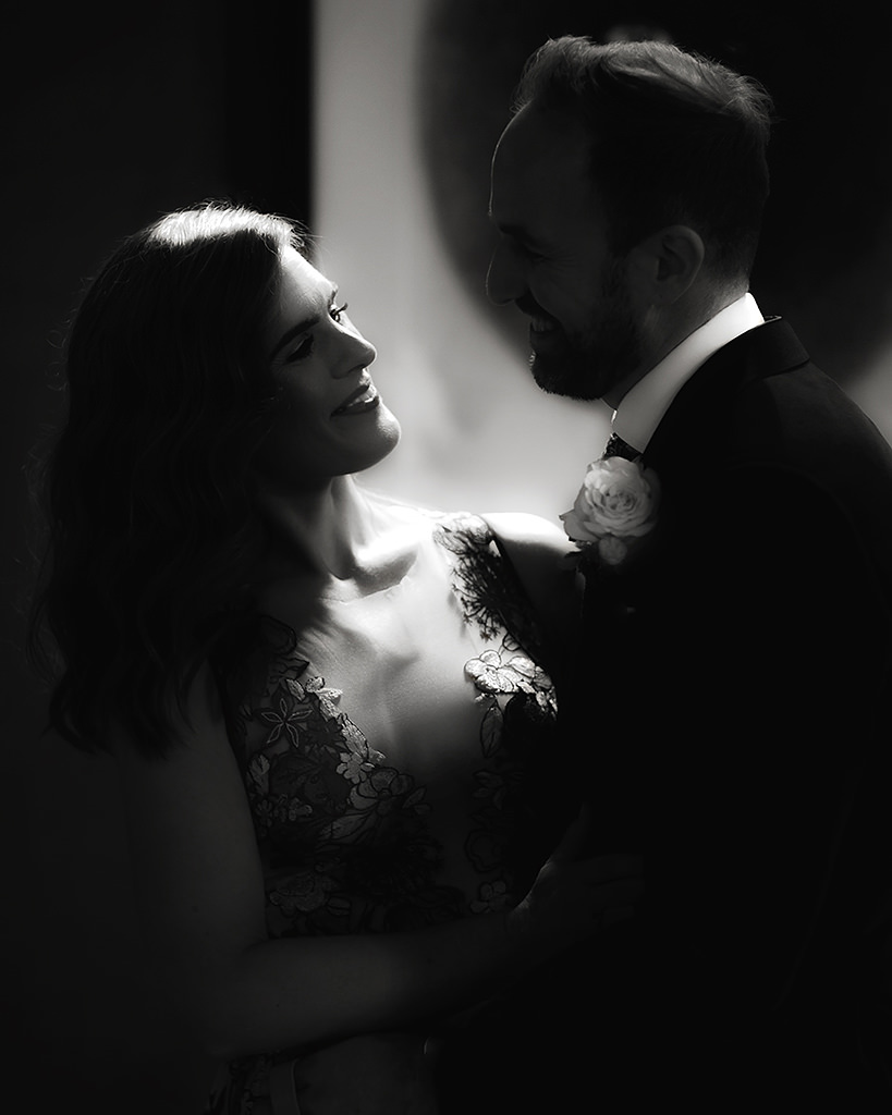 Romantic black and white wedding portrait