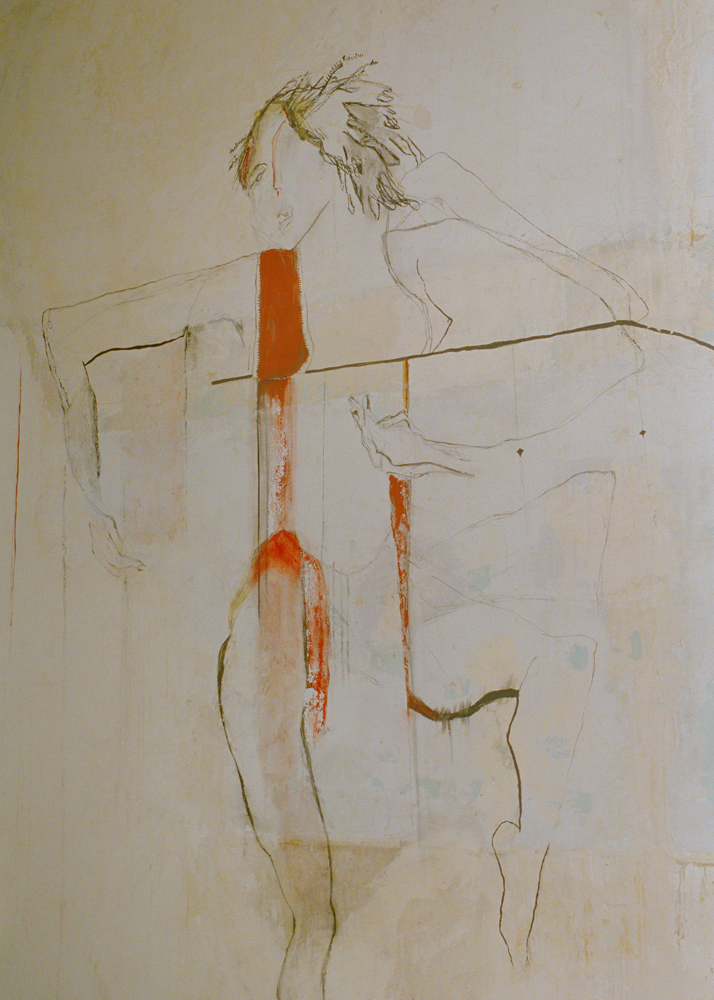 Abstract wall art depicting a minimalist figure in muted tones with accents of red, featured at a Recoleta wedding venue in Melbourne. The artwork adds a modern, artistic touch to the venue’s decor, complementing the contemporary yet historic ambiance that defines a Recoleta wedding.
