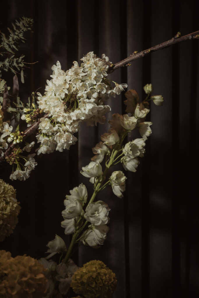 The image displays a close-up of a delicate floral arrangement. White blossoms, possibly cherry or plum, are gathered on slender branches, gracefully extending upward. The flowers are lit softly, highlighting their fragile beauty against a dark, moody backdrop. The surrounding flowers, also in pale shades of cream and white, add to the sophisticated arrangement, with some buds still unopened, adding a sense of freshness. The dark curtains behind the arrangement create a stark contrast, allowing the flowers to stand out in an elegant and serene composition at an Aunty Kims wedding.