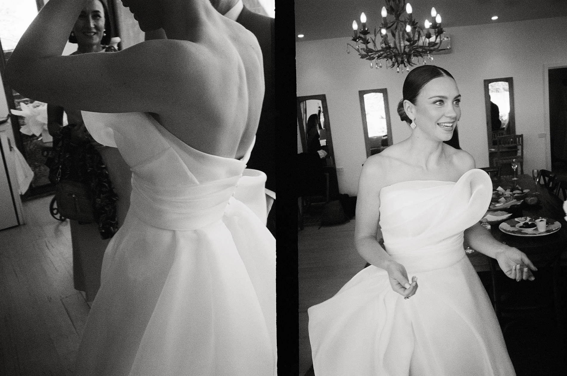 35mm analog film diptych of Ella Walters on her wedding day to Mack Horton, captured in candid moments before the ceremony. The black and white images highlight the intricate details of her modern strapless wedding gown, with elegant draping and a sculptural bodice, as she prepares in a warmly lit room filled with anticipation and joy.